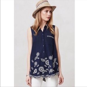 Anthropologie Moulinette Soeurs • Navy White Collared Embroidered Tank Top